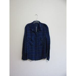 SANCTUARY Blue Plaid Boyfriend Shirt L Long Sleeve Snap Closure Pockets